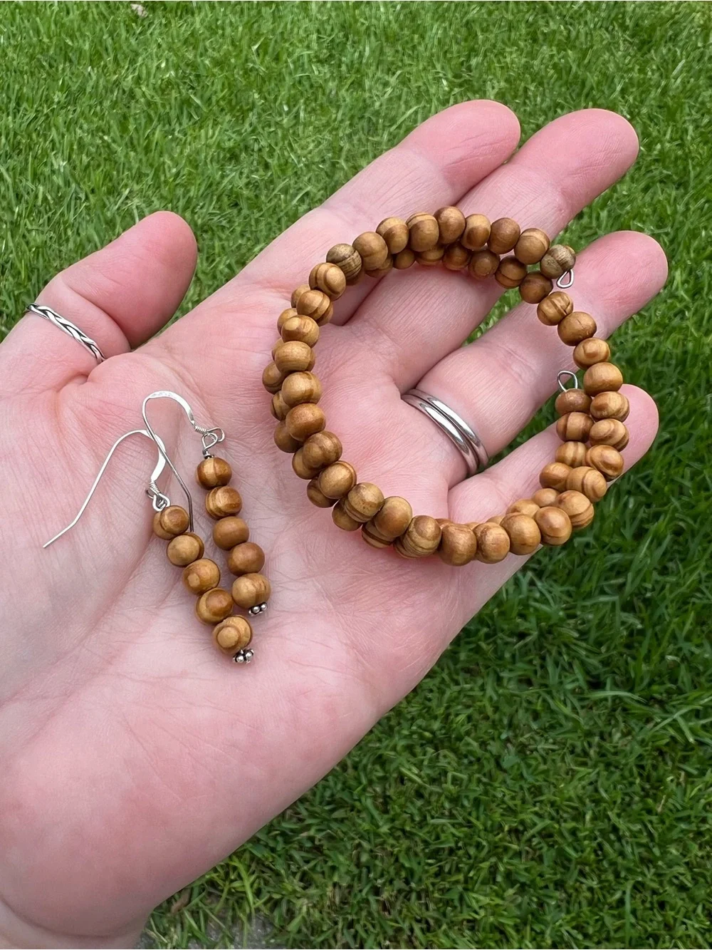 Natural Wood Bead memory wire Bracelet & Earrings Set - Tan